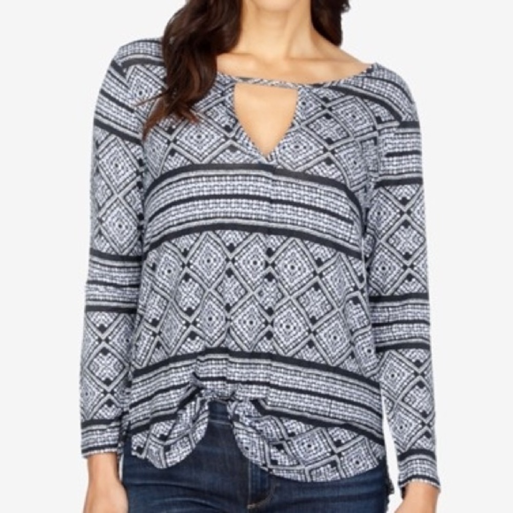 Lucky Brand Blue Geo Print Cutout Top Size Medium